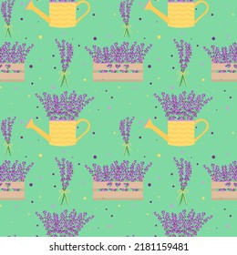 Seamless pattern with lavender flowers, flower boxes, flower bouquets. Floral seamless pattern. vector illustration on green background