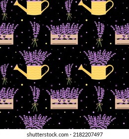 Seamless pattern with lavender flowers, flower boxes, flower bouquets. Floral seamless pattern. vector illustration on black background