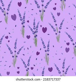 seamless pattern lavender flowers, heart in vector, for background, wrapping paper, textiles