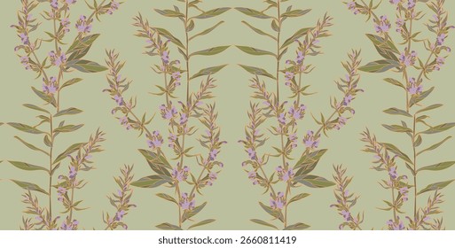 
Padrão contínuo de flores e folhas de lavanda em um fundo verde
