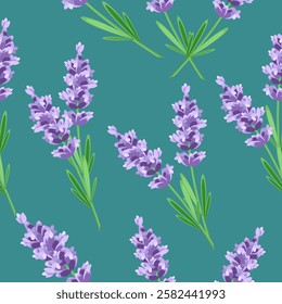Seamless pattern of lavender flowers on a green background.Vector pattern for textiles, backgrounds, cosmetics packaging.