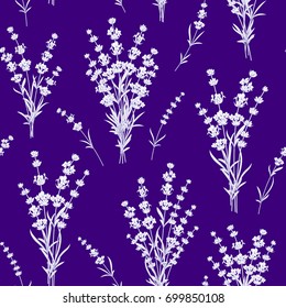 Seamless pattern of lavender flowers on a blue background. Watercolor pattern with Lavender for the fabric swatch. Vector illustration.