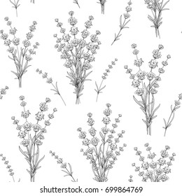 Seamless pattern of lavender flowers on a white background. Watercolor pattern with Lavender for package paper. Vector illustration.