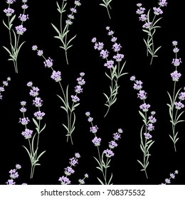 Seamless pattern of lavender flowers on a black background. Watercolor pattern with Lavender for fabric swatch. Seamless pattern for fabric. Vector illustration.