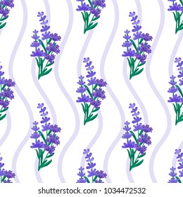 Seamless pattern with lavender flowers and stripes on white background. For textiles, Wallpaper, wrapping paper, postcards, decor, decoration.