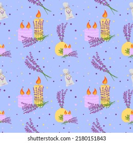 Seamless pattern with lavender flowers, with flowers in a vase, candles. Floral pattern for tablecloth wallpaper, craft paper.Vector illustration