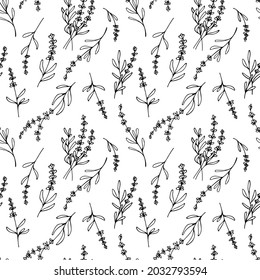 Seamless pattern with lavender in line style. Lavender flowers on the field. Floral pattern with small rustic flowers. Elegant Blooming Botanical hand drawn background.	