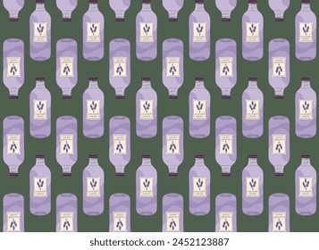 A seamless pattern of lavender water bottles on a green background, ideal for a serene and aromatic themed design