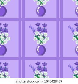Seamless pattern with lavender and white flowers in vases on lilac background for textiles, decor, background.