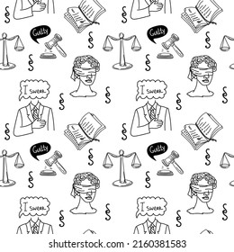 A seamless pattern of law and justice symbols, a hand-drawn sketch style doodle. Justice. Greece. Themis blindfolded. Scales of Justice. Hammer of justice, a man with his hand over his heart. I swear.