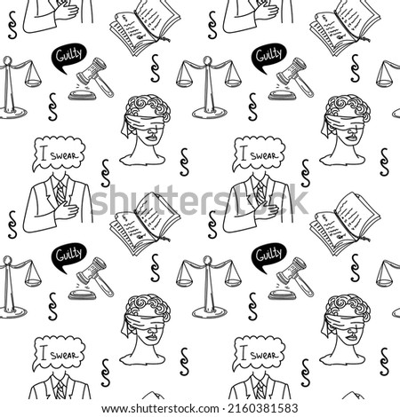 A seamless pattern of law and justice symbols, a hand-drawn sketch style doodle. Justice. Greece. Themis blindfolded. Scales of Justice. Hammer of justice, a man with his hand over his heart. I swear.
