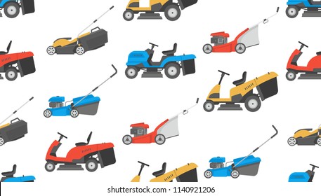 Seamless pattern with lawnmower. flat style. isolated on white background