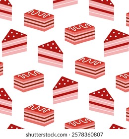 Seamless pattern with layered cake slices in red and pink tones on a white background. Sweet dessert illustration with icing details, ideal for bakery-themed designs and packaging.