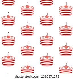 Seamless pattern with layered cakes topped with cherries. Red and white striped dessert design on a white background. Cute and sweet digital illustration for bakery, food, and festive projects.