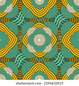 Seamless pattern with layered futuristic contour objects. The palette includes yellow, green and beige. Vector illustration