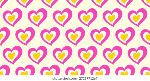 Patrón sin fisuras de corazones en capas en rosa caliente, blanco y amarillo sobre fondo crema suave. Ambiente retro de San Valentín para envolver papel, tela, Fondo de pantalla, papelería, embalaje y tarjetas, dulce repetición