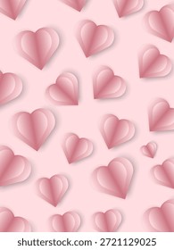 Un patrón sin fisuras de corazones de papel rosa en capas flota sobre un fondo pastel suave. Las suaves sombras y los tonos románticos crean un sentimiento dulce y de ensueño perfecto para los diseños de San Valentín.