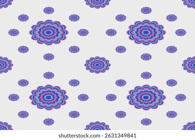 Seamless pattern with layered retro flowers in purple, blue, and pink tones on white. Ideal for fabric, wrapping paper, wallpapers, and digital surface design.
