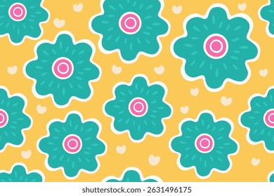 Patrón de Vector floral dibujado a mano juguetón con flores de color verde azulado y corazones sobre fondo amarillo