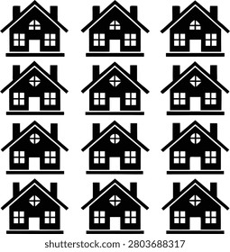 Seamless pattern layout consisting of multiple house icons arranged in grid featuring circular windows and chimneys ideal for real estate branding and wallpaper.