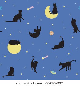 Seamless pattern of lazy black cats and moon starry sky on calm dark blue background. Suitable for backgrounds, textiles, fabrics, wallpapers. Vector illustration.