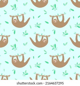 Seamless pattern of lazy cute sloths and leaves. Hand-drawn illustration of sloth for children, tropical summer, textile, print, cover, wallpaper, fabric, clothes. Transparent background