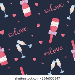 Seamless pattern with lchampagne, two glasses and hearts on a dark background. Happy Valentine's Day, Romance, Love concept. Perfect for product design, scrapbooking, textile, wrapping paper. EPS 10