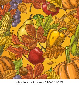 Seamless pattern leaf, acorn, chestnut, friuits, vegetables and acorn. Vector vintage engraved illustration on yellow background