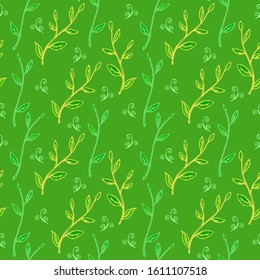 Seamless Pattern with Leaf Branches on green background. Ornament items with Easter and Spring symbols. For printing wrapping paper, wallpaper, packaging, fabric. Hand Drawn vector illustration.