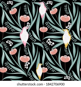 Seamless pattern with Leaf and cheerfull backyard winter bird. 