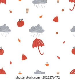 Seamless pattern with leaf fall, cozy rainy day, Hygge, raindrops falling from a cloudy sky, cloud and rain, rainy autumn set, autumn pumpkin, vegetable. Cartoon illustration, modern design