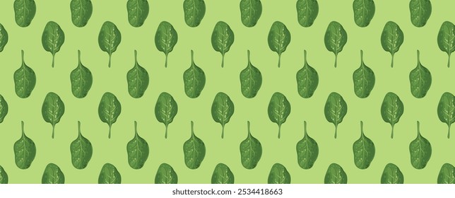 Padrão sem emenda de espinafre fresco Folha. Fundo de folhas verdes salada de vitamina. Fonte rica de vitamina K, vitamina A, ferro e silício. Banner do vetor.