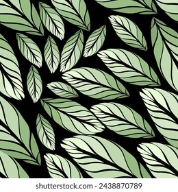 seamless pattern with leaf illustrations, with green gradient colors and a dark background
