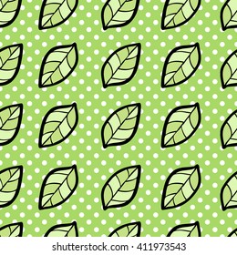 Seamless pattern with leaf on dotted background. Vector illustration