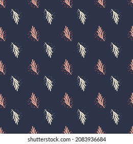 Seamless pattern leaf palm on dark blue background. Vector foliage template in doodle style. Modern tropical texture for fabric, wrapping paper, wallpaper, tissue.