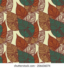 Seamless pattern with leafs. Abstract floral repeating background. Endless print retro texture. Fabric design. Wallpaper - vector 