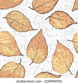 Seamless pattern with leafs prints.Hand-drawn leaves on rice paper orange leaf background.