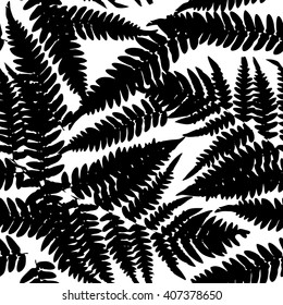 Seamless pattern with leafs tropical fern palm for fashion textile or web background. Black silhouette on white background. Vector