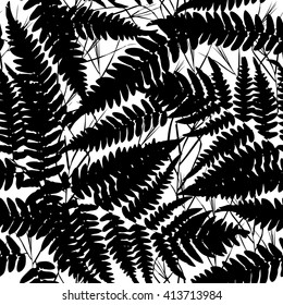 Seamless pattern with leafs tropical fern palm for fashion textile or web background. Black silhouette on white background. Vector