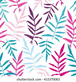 Seamless pattern with leafs tropical fern palm for fashion textile or web background. Magenta pink purple sky blue aqua silhouette on white background. Vector