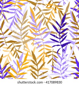 Seamless pattern with leafs tropical fern palm for fashion textile or web background. orange ultramarine violet brown silhouette on white background. Vector