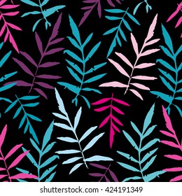 Seamless pattern with leafs tropical fern palm for fashion textile or web background. Magenta pink purple sky blue aqua silhouette on black background. Vector