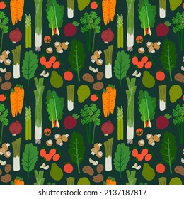 Seamless pattern with leafy greens, root vegetables, tomatoes, onion, mushrooms￼. Hand drawn texture with culinary motifs for kitchen, cooking or gardening blog, farmers market, grocery shop, store