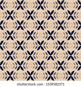 Seamless pattern with leafy shapes geometrically organised. Colours  of a sand neutrals with dark accent.