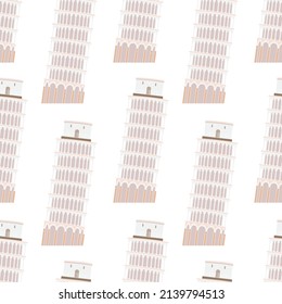 Seamless pattern with Leaning Tower of Pisa. Endless background. Good for postcards, prints, wrapping paper and backgrounds. Vector.