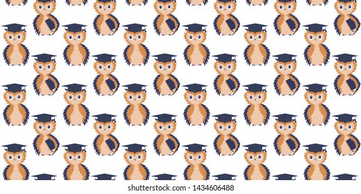 Seamless pattern of learned owls with textbooks under the wing and without in square academic caps on a white background. Back to school. Literacy day. September 1. Vector.
