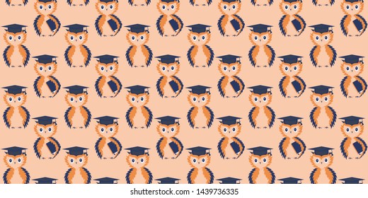 Seamless pattern of learned owls with textbooks under the wing and without in square academic caps on a beige background. Back to school. Literacy day. Vector.