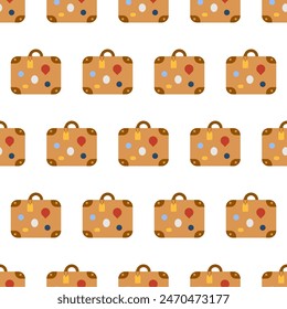 Seamless pattern leather brown suitcases with travel stickers. Abstract repeating summer background for Traveling banner. Flat vector illustration isolated on white. Vacation or tourism concept