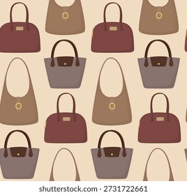 Modelo inconsútil con los bolsos de cuero de las mujeres en tonos marrones suaves. Fondo con accesorios elegantes