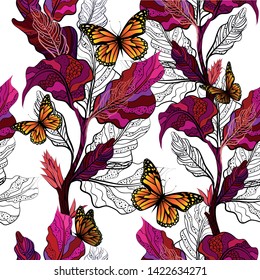 Seamless pattern leaves abstract with butterflies. Vector illustration